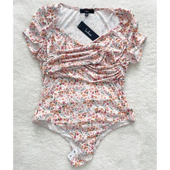 Lulus Sweetest Nature Ivory Floral Print Short Sleeve Bodysuit XL Extra Large - Picture 2 of 7